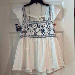 Tied Embroidered Ruffled Square Neck Cap Sleeve Blouse XL NWOT